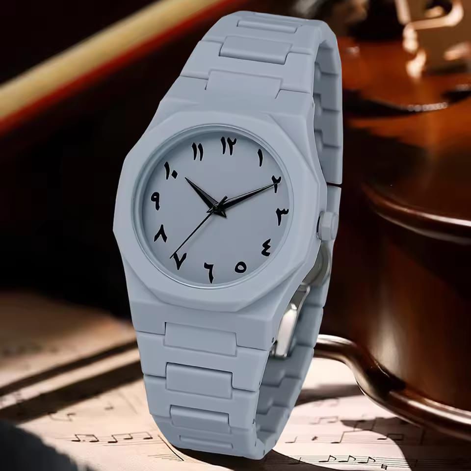 Modern Monochrome Gray Watch with Unique Arabic Dial and Resin Strap