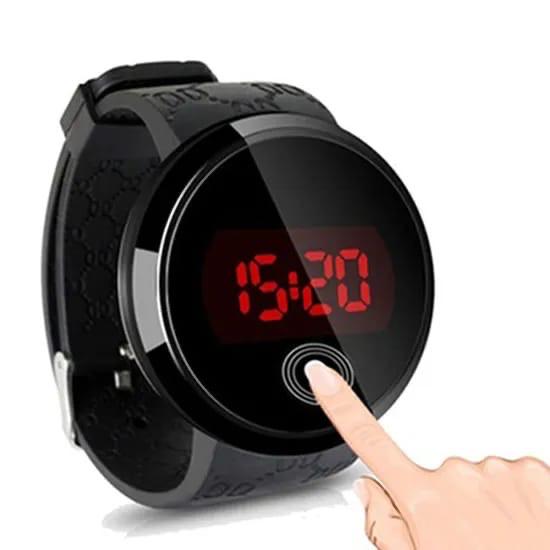 Sleek Black Round Touch LED Digital Watch - Modern Sports Timepiece