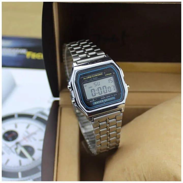 Classic Chrome Digital Watch with Alarm, Chrono, and Stainless Steel Bracelet